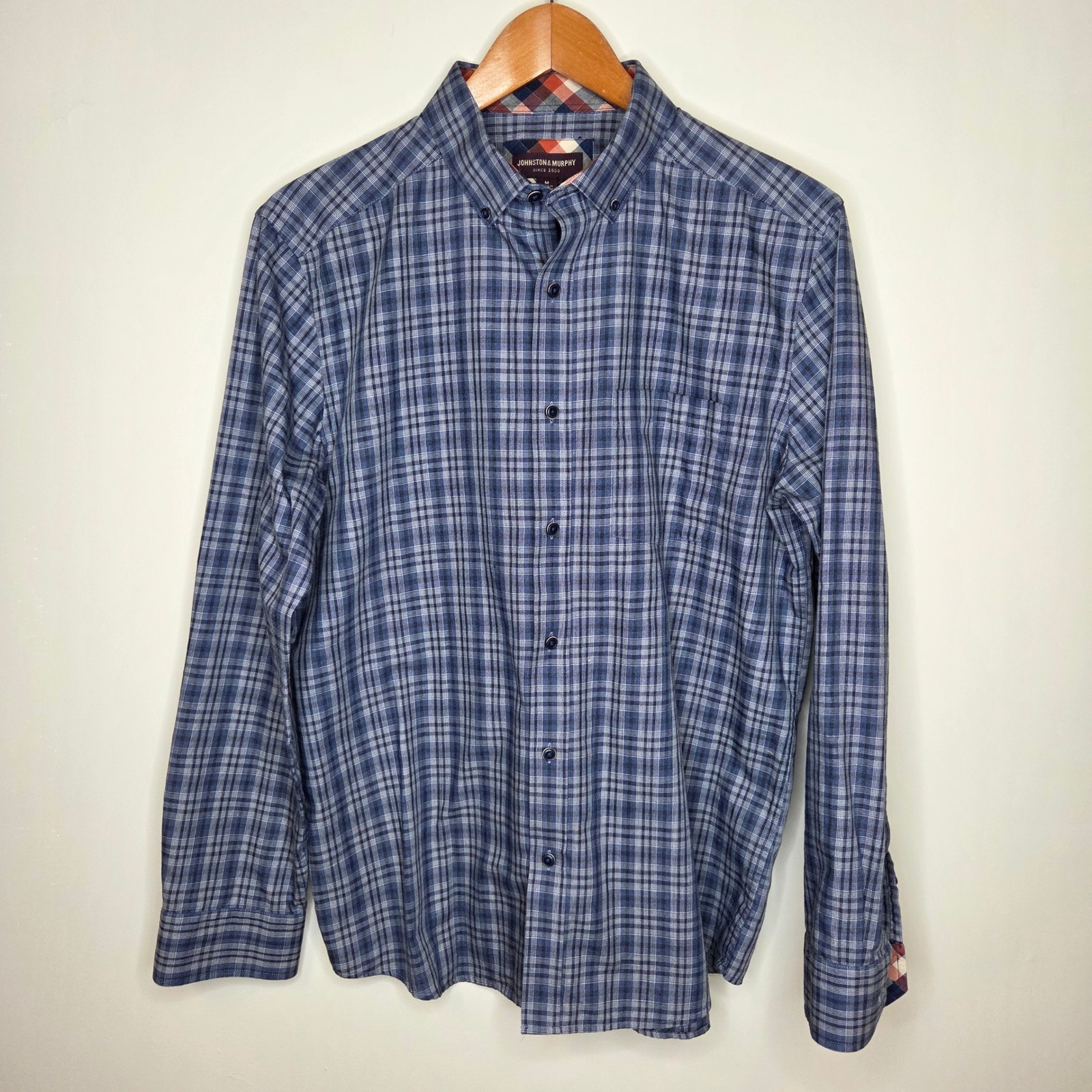 Johnston & Murphy Mens Blue Plaid Long Sleeve Button Down Shirt Size M